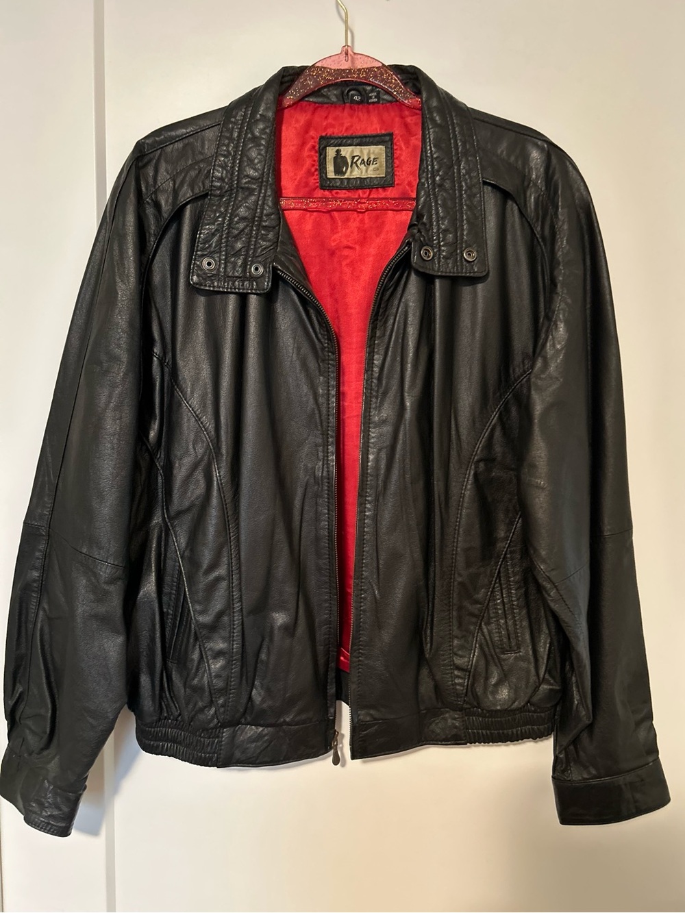 VINTAGE RAGE Men’s Black Leather Bomber Jacket with Red Lining